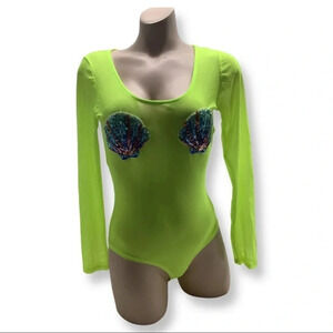 Mesh neon long sleeve bodysuit with Bedazzled Shells on Front Size Small NWOT